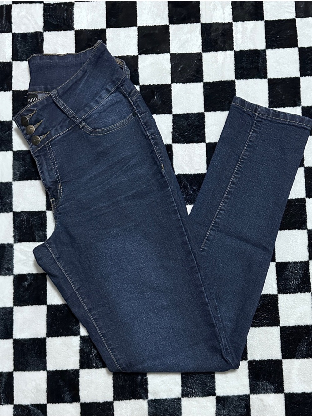 Women's High-Rise Dark Indigo Skinny Jeans with Triple-Button Waist